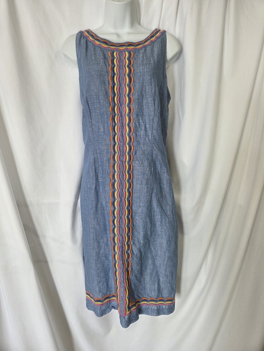 Talbots Blue Sleeveless Linen Blend Midi Multicolor Scalloped Trim. Size 10 - Picture 2 of 7